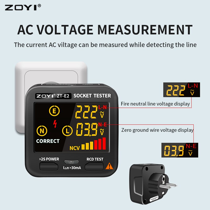 ZOYI Digital Socket Tester Smart Voltage Detector RCD GFCI NCV Test