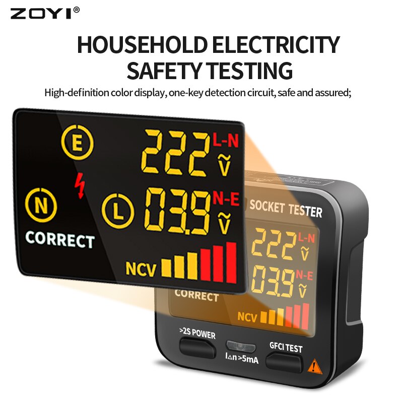 ZOYI Digital Socket Tester Smart Voltage Detector RCD GFCI NCV Test