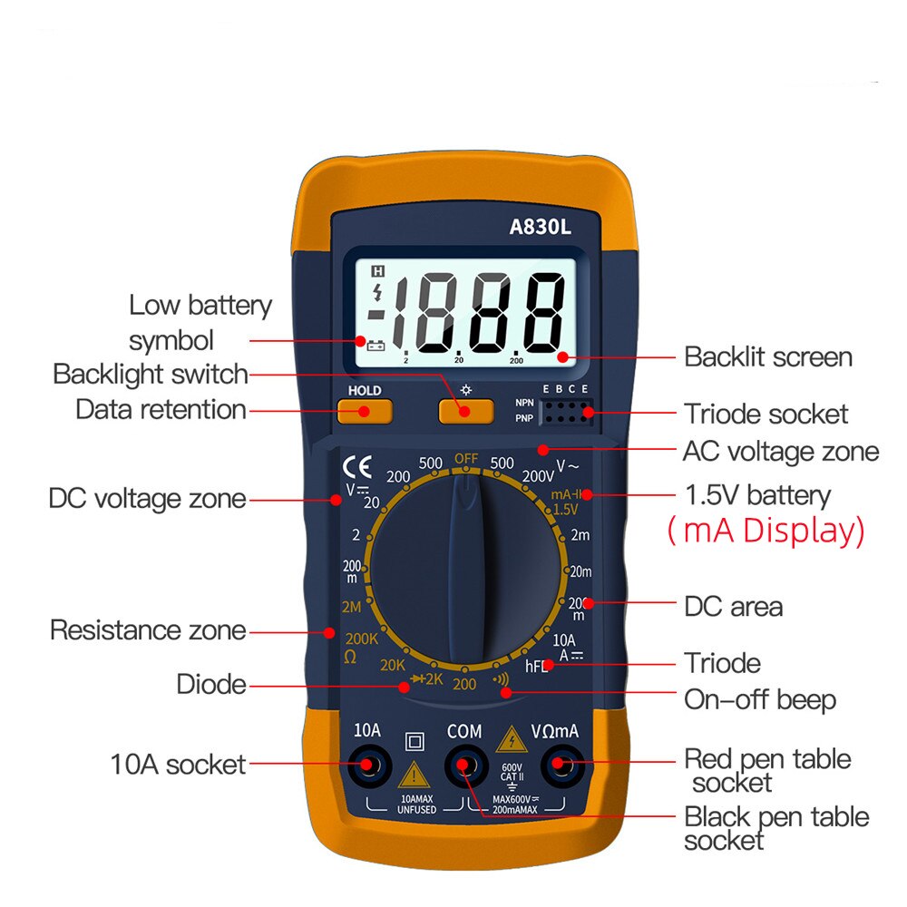 A830l Lcd Digital Multimeter Ac Dc Voltage Diode Freguency Multitester