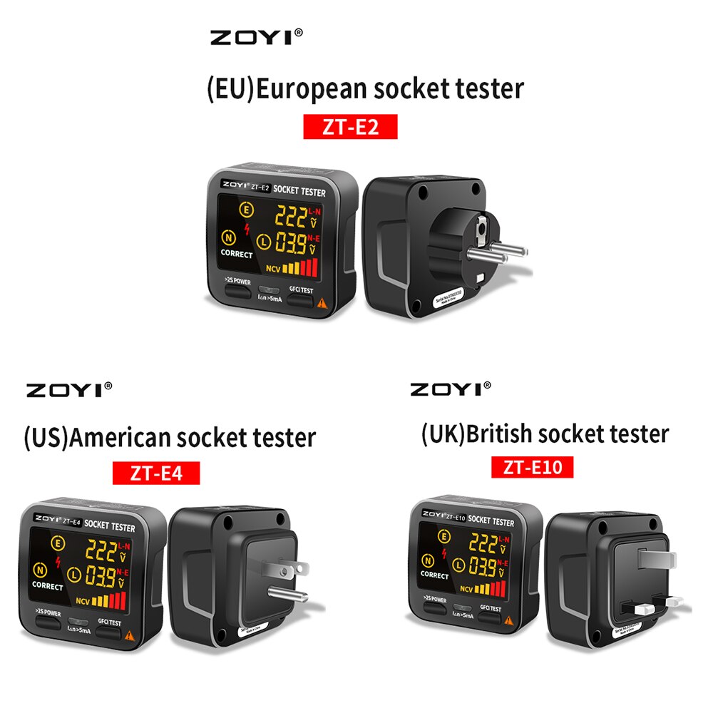 ZOYI Digital Socket Tester Smart Voltage Detector RCD GFCI NCV Test